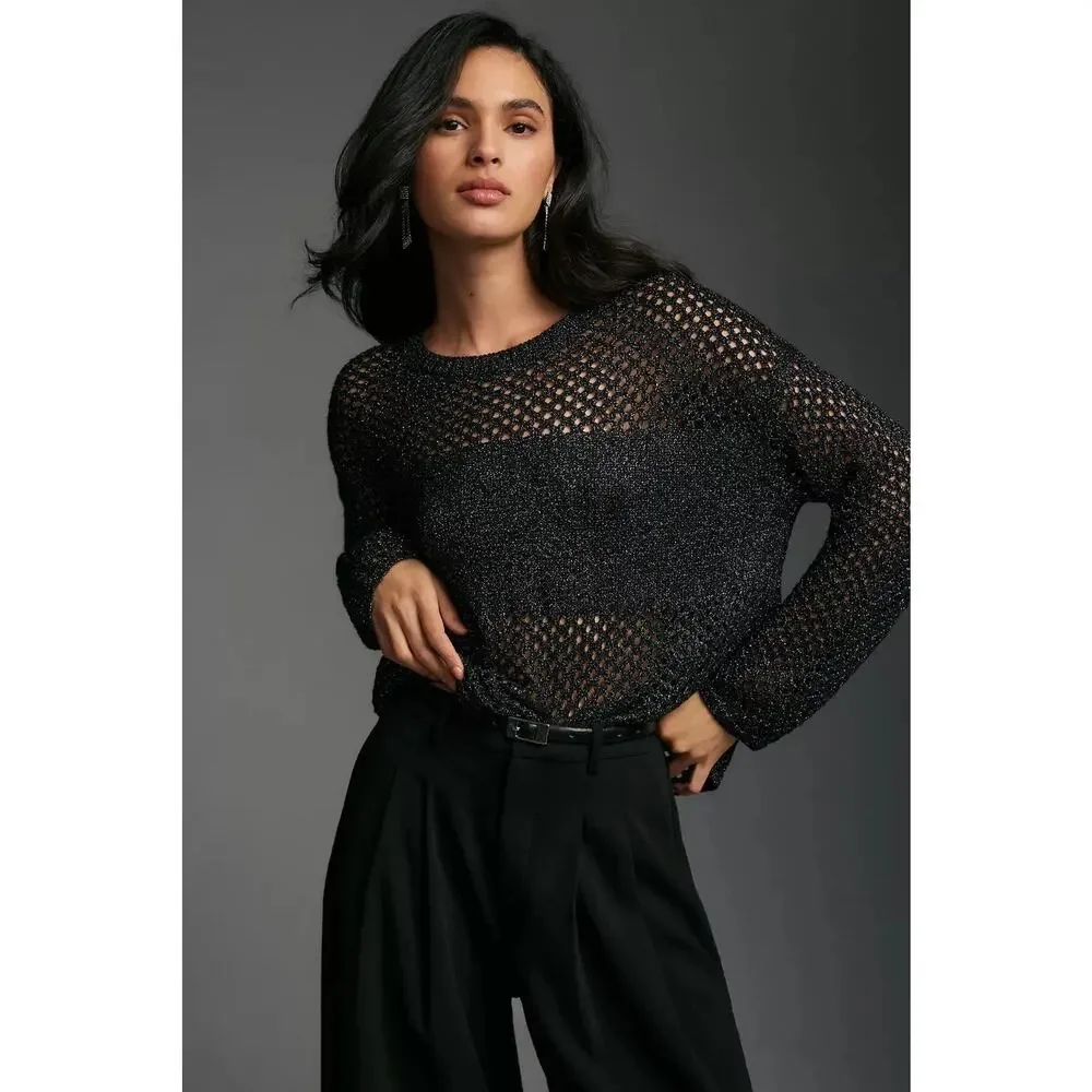 Anthropologie Pilcro Sweater Womens Extra Small Black Metallic Open Knit Party - Picture 1 of 12
